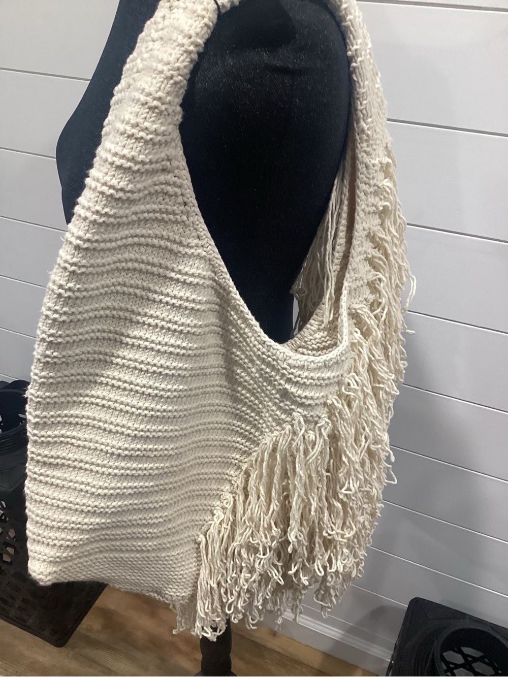 Zara Cream Knit Fringe Boho, Hobo Bag